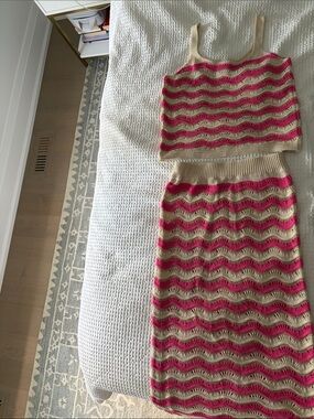 Beige and Pink Maxi Skirt - Knit Wave Pattern